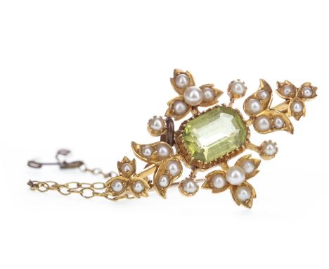 EDWARDIAN GEM AND SEED PEARL BROOCH, with central step cut green gem surrounded by seed pearls, 33mm long, unmarked, 4.7g