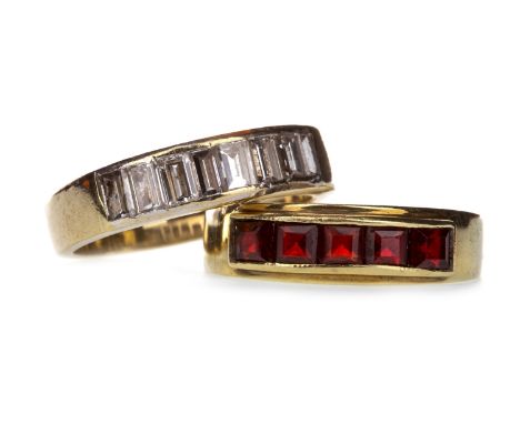 DIAMOND SET HALF ETERNITY RING, the step cut diamonds totalling approximately 0.80 carats, unmarked, size M 1/2, 5g, along wi