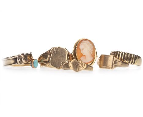 GROUP OF NINE RINGS, including an eighteen carat gold wedding band and a buckle ring dated 1867, most marked for gold, 19.8g 