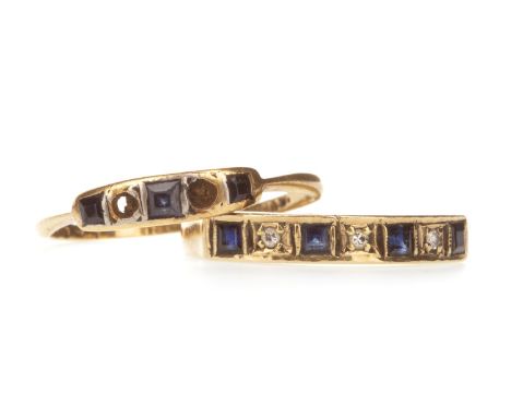 TWO GEM SET RINGS, one set with square blue gems interspaced by round brilliant cut diamonds totalling approximately 0.06 car