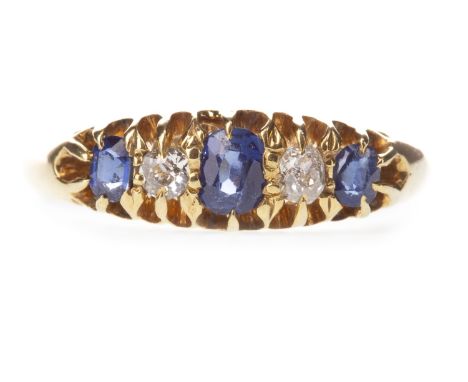 BLUE GEM SET AND DIAMOND FIVE STONE RING, the oval blue gems interspaced by old cut diamonds totalling approximately 0.10 car
