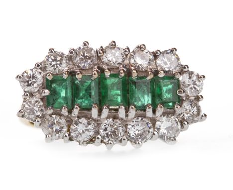 GREEN GEM AND DIAMOND RING, set with a row of step cut green gems within a round brilliant cut diamond halo, the diamonds tot