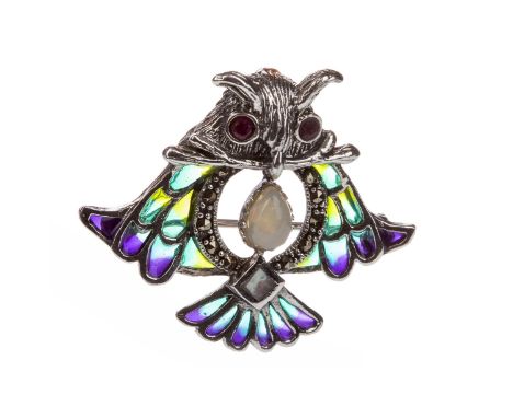 PLIQUE-A-JOUR OWL BROOCH, with central cabochon pear shaped opal surrounded by marcasite stones, with ruby eyes, the wings wi