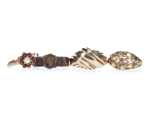 LATE VICTORIAN HAIR SET MOURNING RING, in the form of a band with shield shaped bezel, with panels of hairwork interspaced by