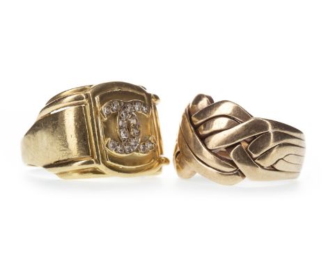 GENTLEMAN'S DIAMOND SET RING, with interlocking double 'C' motif, marked 18K, size O, 8.3g, along with a nine carat gold ring