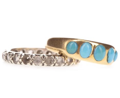 TURQUOISE FIVE STONE RING, with graduated cabochon turquoise stones, marked 18, size M, 4.1g, along with an unmarked gem set 