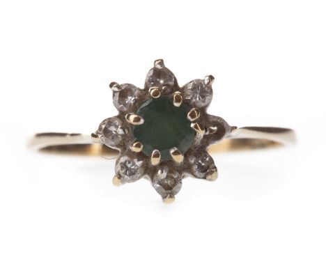 GREEN GEM SET AND DIAMOND CLUSTER RING, the round green gem surrounded by round brilliant cut diamonds, one missing, in nine 