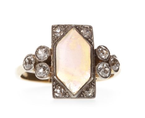 OPAL AND DIAMOND RING, the rectangular panel set with a hexagonal opal with four old cut diamonds to each corner, the panel f