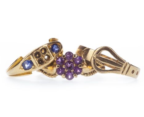 PURPLE GEM SET CLUSTER RING, the round purple gems in a daisy cluster formation, in nine carat gold, size N, 2.3g, along with
