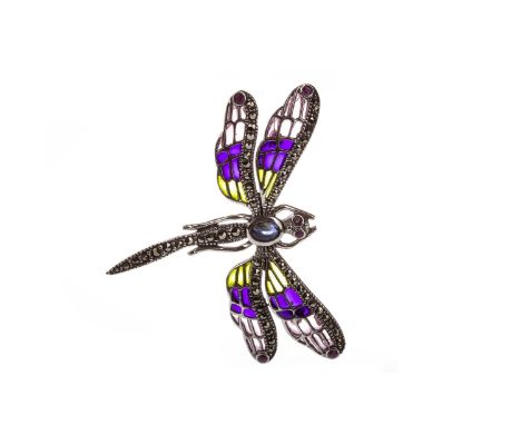 PLIQUE-A-JOUR DRAGONFLY BROOCH, the body set with a cabochon sapphire and marcasite stones, with ruby eyes, the wings with pi