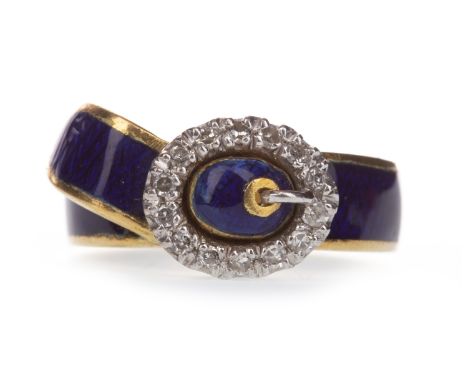 ENAMELLED DIAMOND SET BUCKLE RING, the oval diamond set section totalling approximately 0.30 carats, with blue enamelled deco