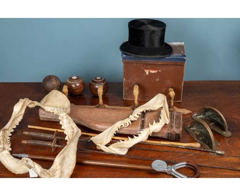 A collection of sporting and other miscellaneous items to include a leather 'leg of mutton' gun case; a deer hoof coat rack; 