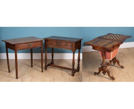 A Dutch style walnut games table with a serpentine fronted hinged top opening to reveal a chess board, a backgammon board and