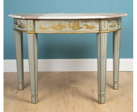 A marble topped console table painted grey with chinoiserie decoration and square fluted tapered legs85cm high x 122cm wide x