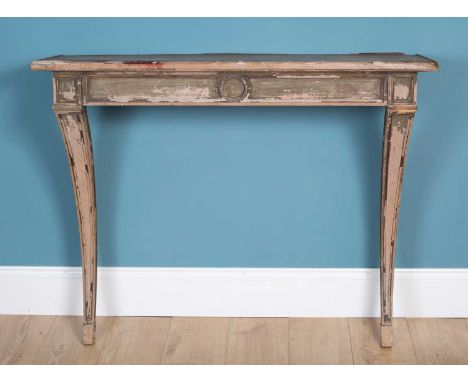 A pine painted console table, the square top with classical frieze raised on sabre legsAt present, there is no condition repo