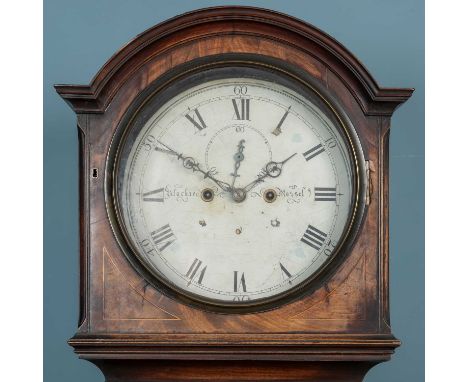 An early 19th century, possibly Scottish, mahogany eight-day longcase clock with a circular painted dial within a boxwood str