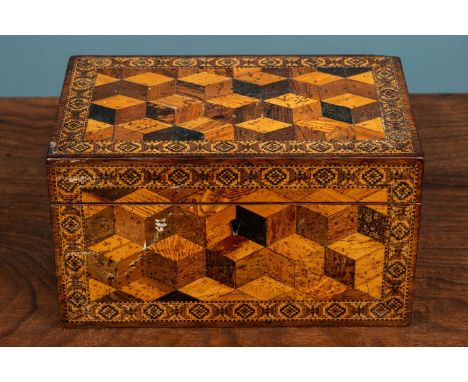 A 19th century Tunbridge ware tea caddy with parquetry inlay to the top and front, the interior with twin lidded compartments
