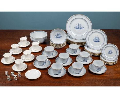 A Spode tradewinds blue breakfast service comprising eight cups and saucers, eights bowls, eight plates, seven side plates an