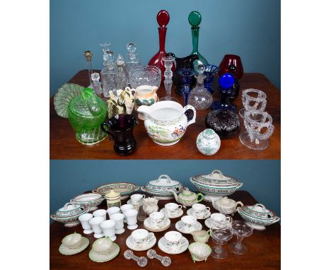 A collection of glass and china to include a Belleek three-piece porcelain tea set; a pair of green and red glass mid-20th ce