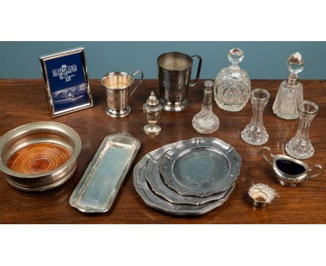 A collection of silver and silver plated ware to include five cut glass scent bottles with silver collars; a silver plated wi