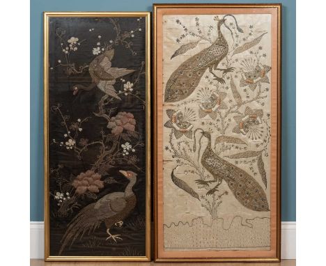 Two needlework pictures depicting exotic birds in silver threads, one on a silk background, the other on a black cotton backg