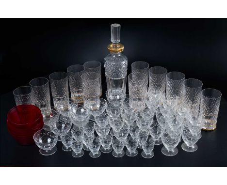 A set of twelve cut glass whisky tumblers with metal ring bases, together with a similar decanter; together with a set of gla