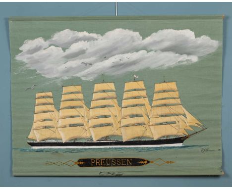 V J Svensson (late 20h century school), portrait of the five-masted sailing ship Preussen, body colour on canvas, signed and 