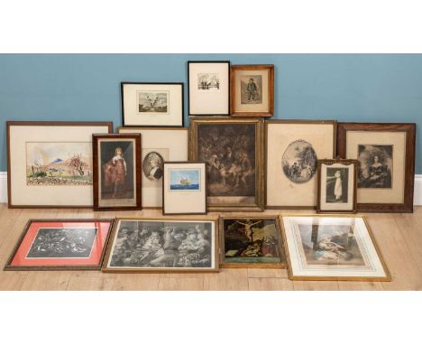 A collection of pictures to include watercolours, prints and a reverse glass painting, consisting of: Freda Marston, dry poin
