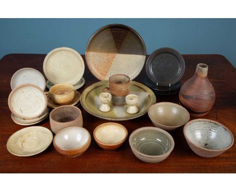 A collection of pottery to include items of studio pottery to include two bowls from Leach Pottery; one vase stamped 'M'; one