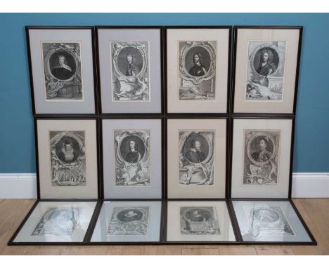A matched set of twelve 18th century portrait engravings depicting prominent figures, prominently by Jacobus Houbraken (1698-