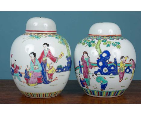Two similar famille rose ginger jars decorated with scenes of children playing20cm high Qty: 2Some chipping to the enamel thr
