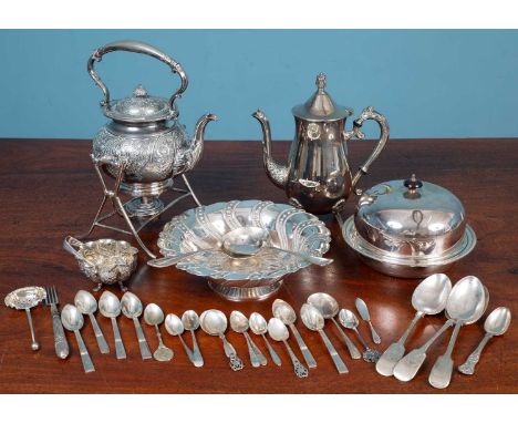 A quantity of silver and silver plate consisting of a small group of silver teaspoons, tongs and a caddy spoon; an Indian whi