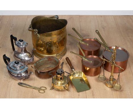 A collection of various silver plate and metalware to include a sugar sifter; cutlery; candlesticks; coal scuttle, scales etc