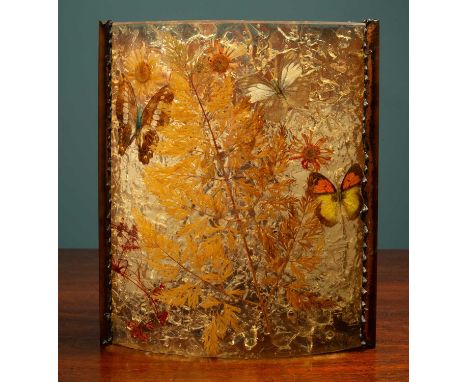 An early 20th century French Art Deco corner wall light of copper and glass, the glass with butterflies and foliage suspended