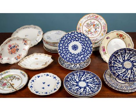 A collection of thirty eight plates, mostly19th century English to include; four Worcester Chamberlain plates decorated in bl