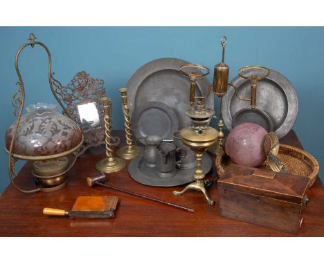 Two table lamps converted from oil lamps; a hanging brass oil lamp with glass shade; a 19th century cast iron table top glass