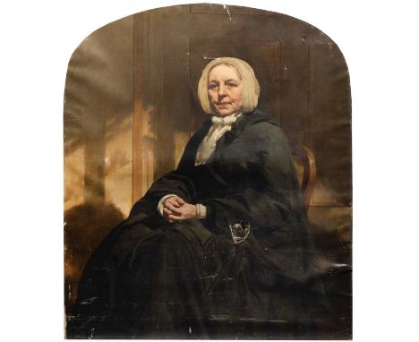 19th century Scottish school, portrait of a lady seated in a chair wearing a black jacket and white bonnet, her hands clasped