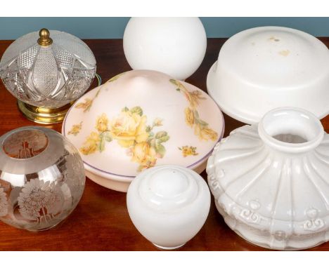 A group of various lampshades and a light fitting to include one moulded in the form of a crown (7)