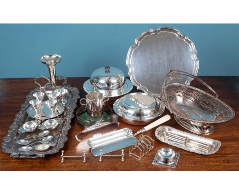 A collection of silver plate to include a wine coaster; entrée dish; toast rack; etcSome surface marks and wear. No major dam
