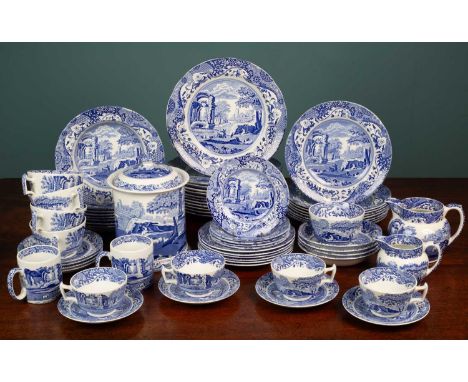 A Spode Italian blue and white transfer printed part dinner and tea service comprising twelve dinner plates, eight dessert pl