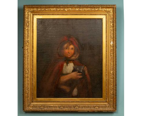 19th century English school, portrait of a young girl wearing a red hooded cape and holding a bowloil on canvas, unsigned  75