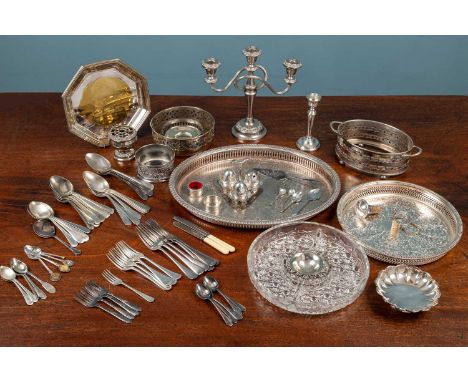 A collection of silver and silver-plated items to include a silver napkin ring weighing 12.7g; a silver filled candlestick we