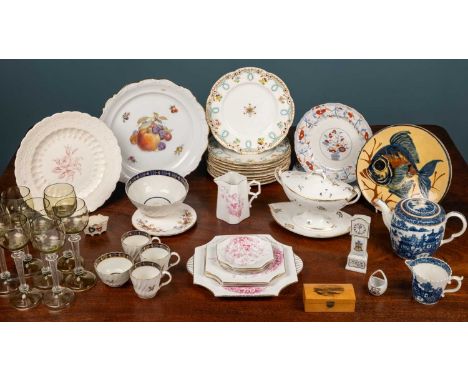 A collection of ceramic and glassware to include items of 18th Century Worcester including three cups, a bowl and a tea bowl;