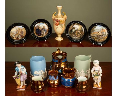 Four circular porcelain painted plaques depicting various European scenes and portraits; together with a Royal Worcester urn 