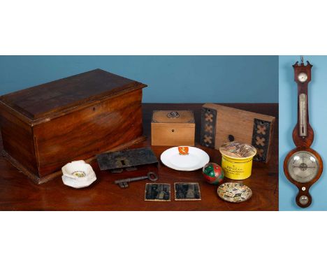 A group of mixed items to include a 19th century tea caddy with steelwork decoration to the lid; an old lock; two ambrotype p