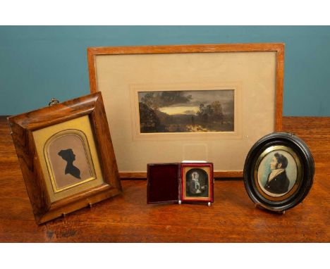 Four pictures to include: a portrait miniature said to be by Thomas Clark, bodycolour on paper 9cm x 7cm; a daguerreotype por