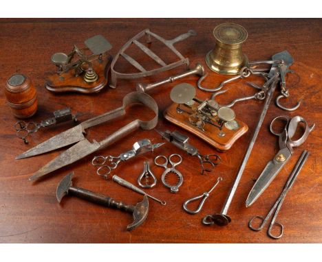A collection of metalware to include two pairs of postal scales, one by Windel &amp; Blythe with four weights from 4oz to .05