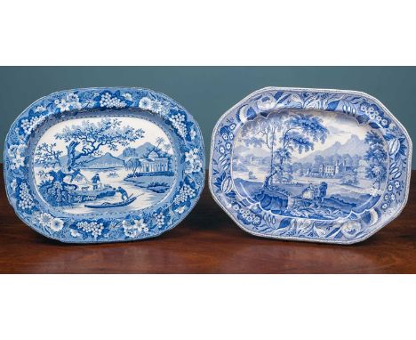 Two 19th Century blue and white transfer printed meat plates, the first depicting fishermen with nets, probably by Robert Ham