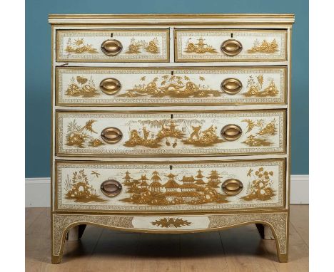 A Regency style bow fronted grey painted chest of two short above three long drawers with chinoiserie decoration, raised on b