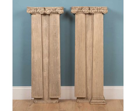 A pair of whitewashed pine architectural pilasters45cm wide x 22cm deep x 122cm highQty: 2Used condition, with marks, dents a